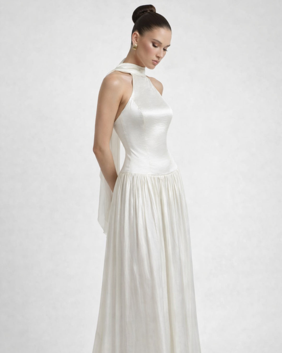 Calanthe Ivory Maxi Dress with Mesh Neck Scarf, black tie dress with scarf, scarf prom dress