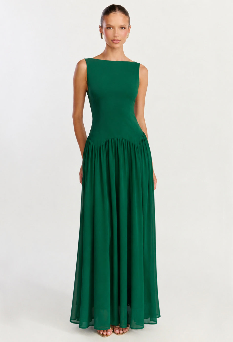 Camella Green Dress, Boat Neck Wedding Guest Dress, boat neck dress for wedding guest​