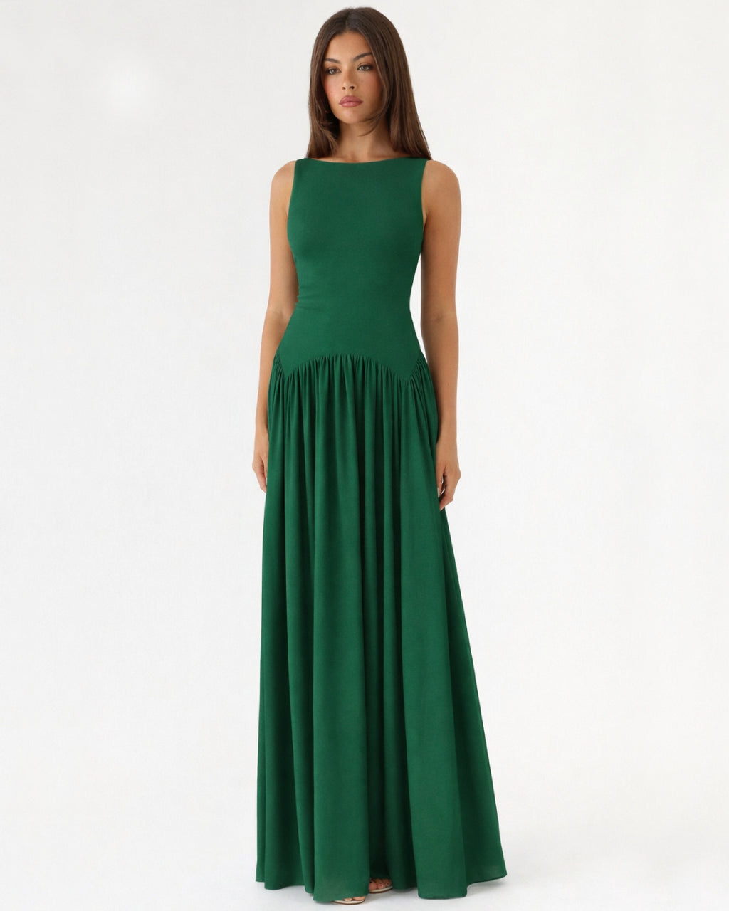 Camella Green Dress, Boat Neck Wedding Guest Dress, boat neck dress for wedding guest​