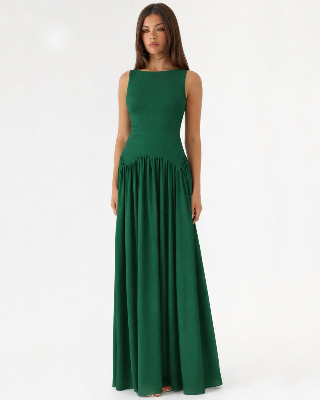 Camella Green Dress, Boat Neck Wedding Guest Dress, boat neck dress for wedding guest​