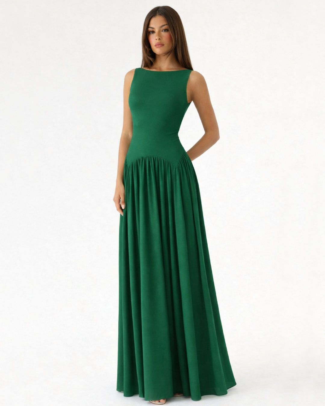 Camella Green Midi Dress, chiffon wedding dress​, chiffon midi dress​, chiffon wedding guest dress​