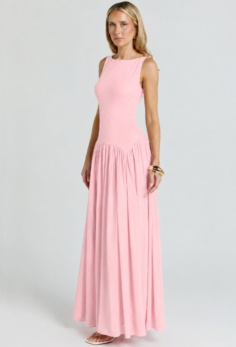 Camella Pink Chiffon Midi Dress, Pink Wedding Guest Dress, light pink midi dress, pale pink midi dress​