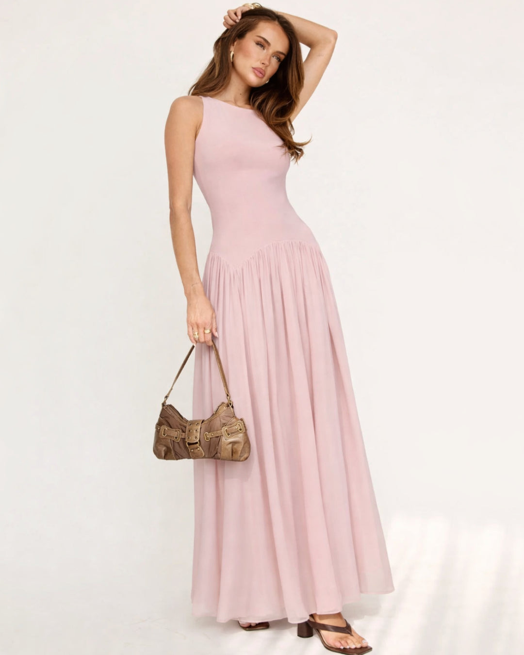 Camella Pink Chiffon Midi Dress, Pink Wedding Guest Dress, light pink midi dress, pale pink midi dress​