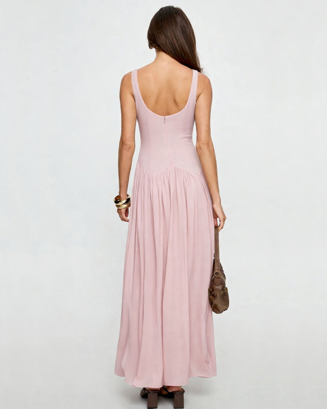 Camella Pink Chiffon Midi Dress, pale pink midi dress​, midi light pink dress​, pastel pink midi dress