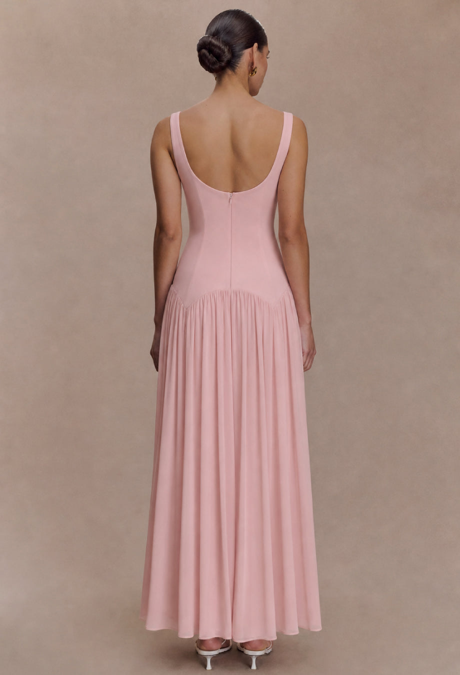 Camella Pink Chiffon Midi Dress, camella dress reformation​, pastel pink wedding guest dress​