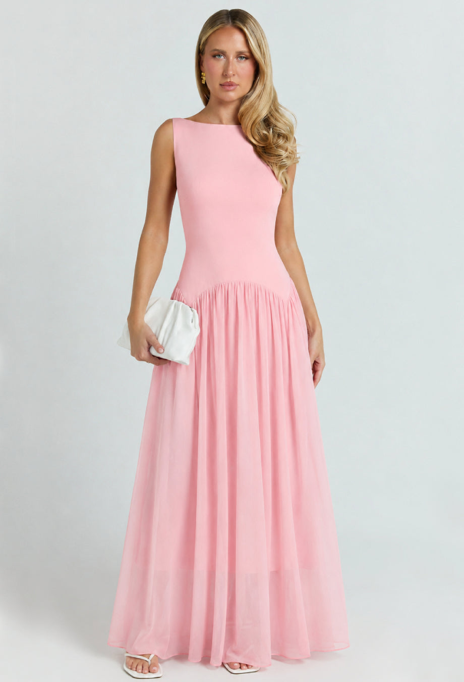 Camella Pink Chiffon Midi Dress, Pink Wedding Guest Dress, light pink midi dress, pale pink midi dress​