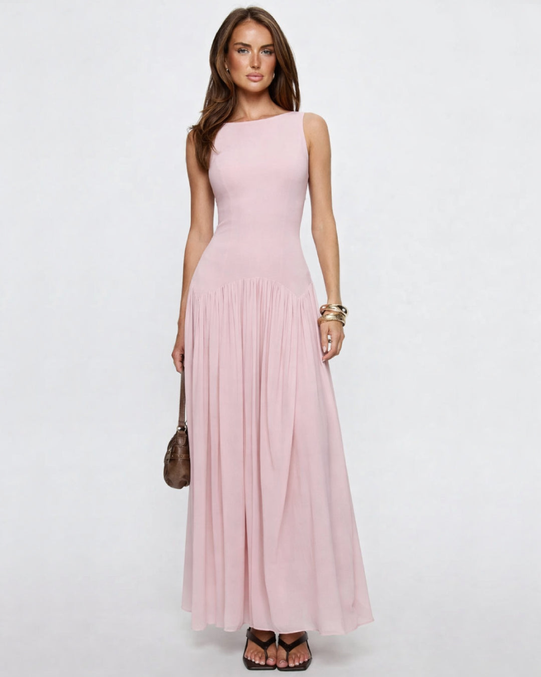 Camella Pink Chiffon Midi Dress, Pink Wedding Guest Dress, light pink midi dress, pale pink midi dress​