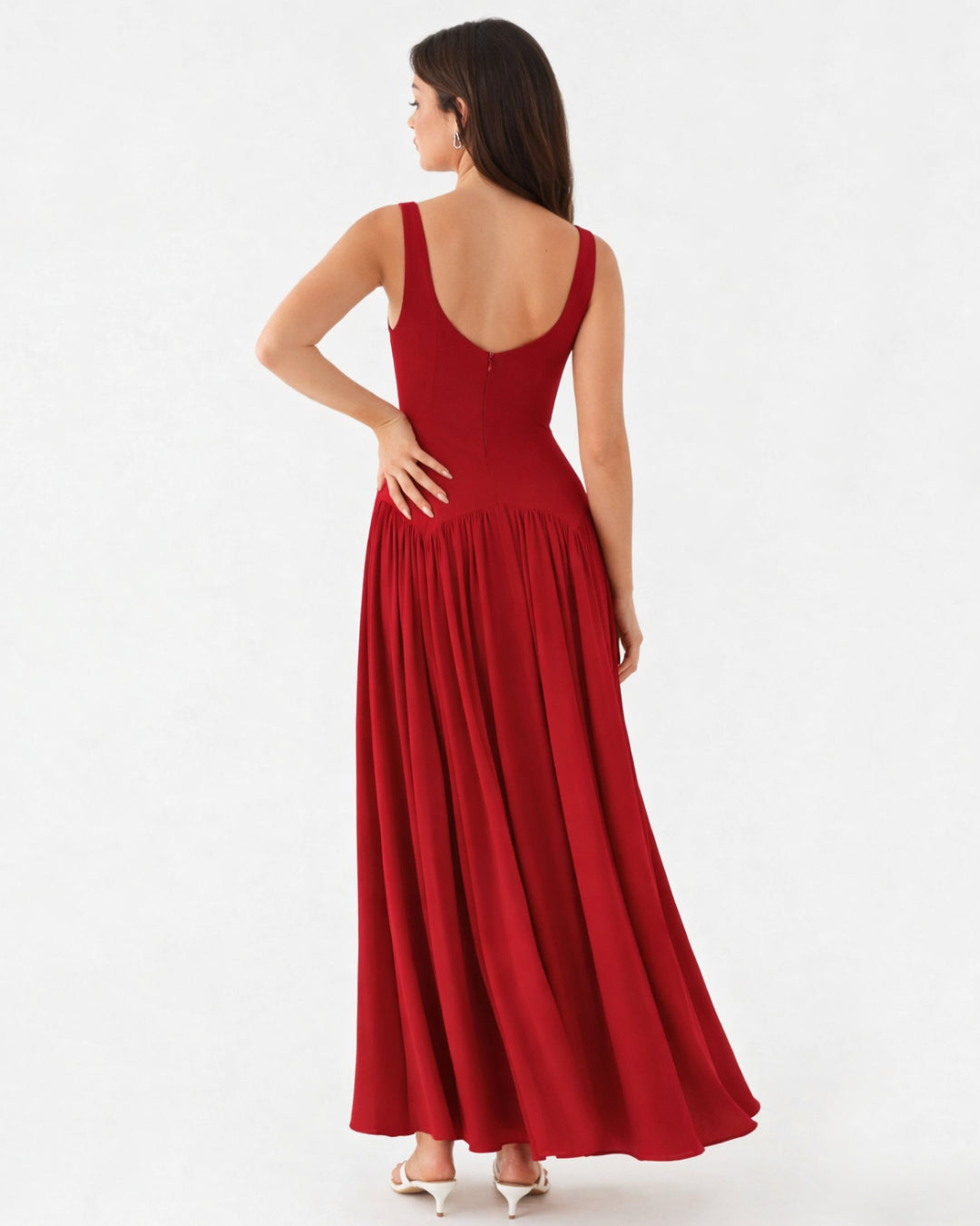 Camella Red Chiffon Midi Dress, asos wedding guest dress​, burgundy wedding guest dress