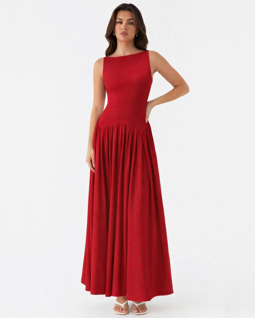 Camella Red Chiffon Midi Dress - Midi Wedding Guest Dress L Camella Red Chiffon Midi Dress - Midi Wedding Guest Dress L