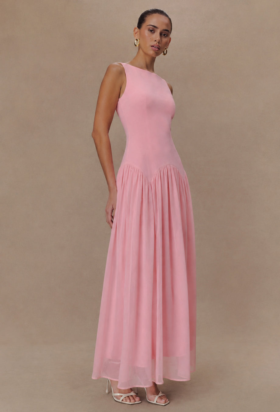 Camella Pink Chiffon Midi Dress, camella dress reformation​, pastel pink wedding guest dress​