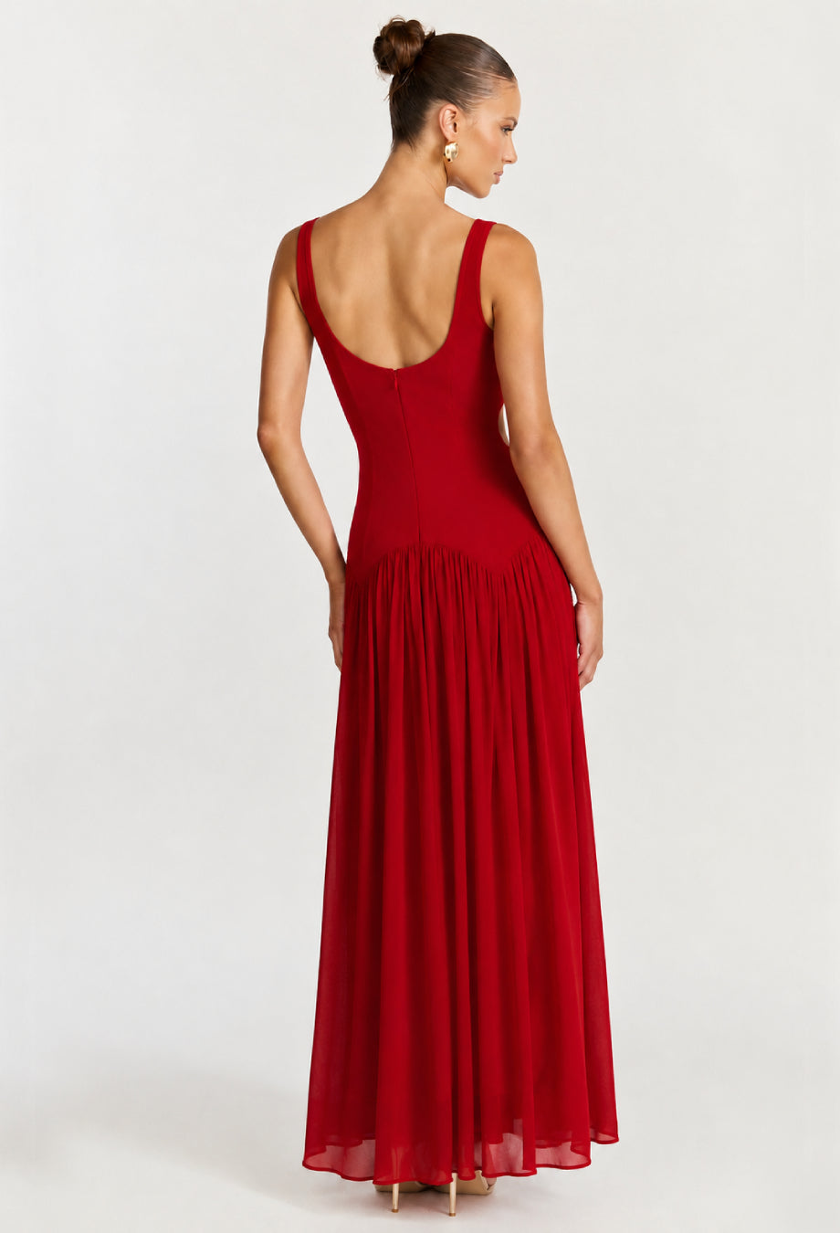 Camella Red Chiffon Midi Dress, red dress for wedding guest​, red wedding dress guest​