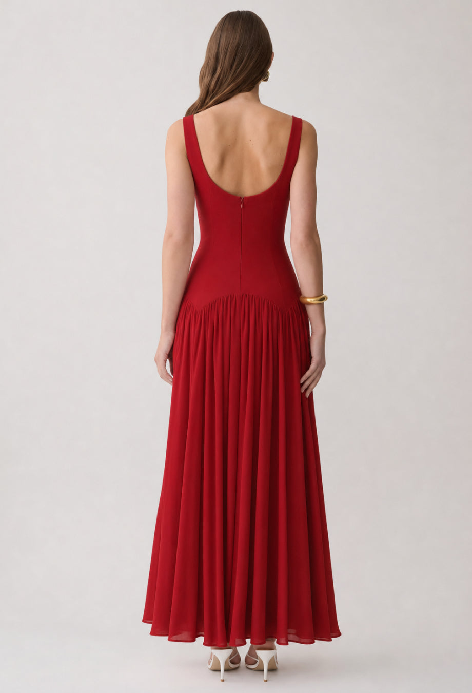 Camella Red Chiffon Midi Dress, red dress for wedding guest​, red wedding dress guest​