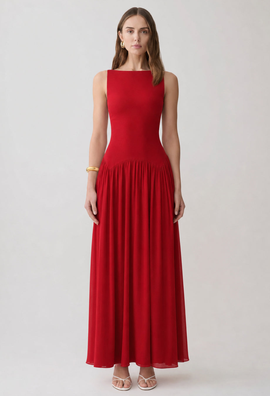 Camella Red Chiffon Midi Dress, reformation camella dress, wedding dress guest red​