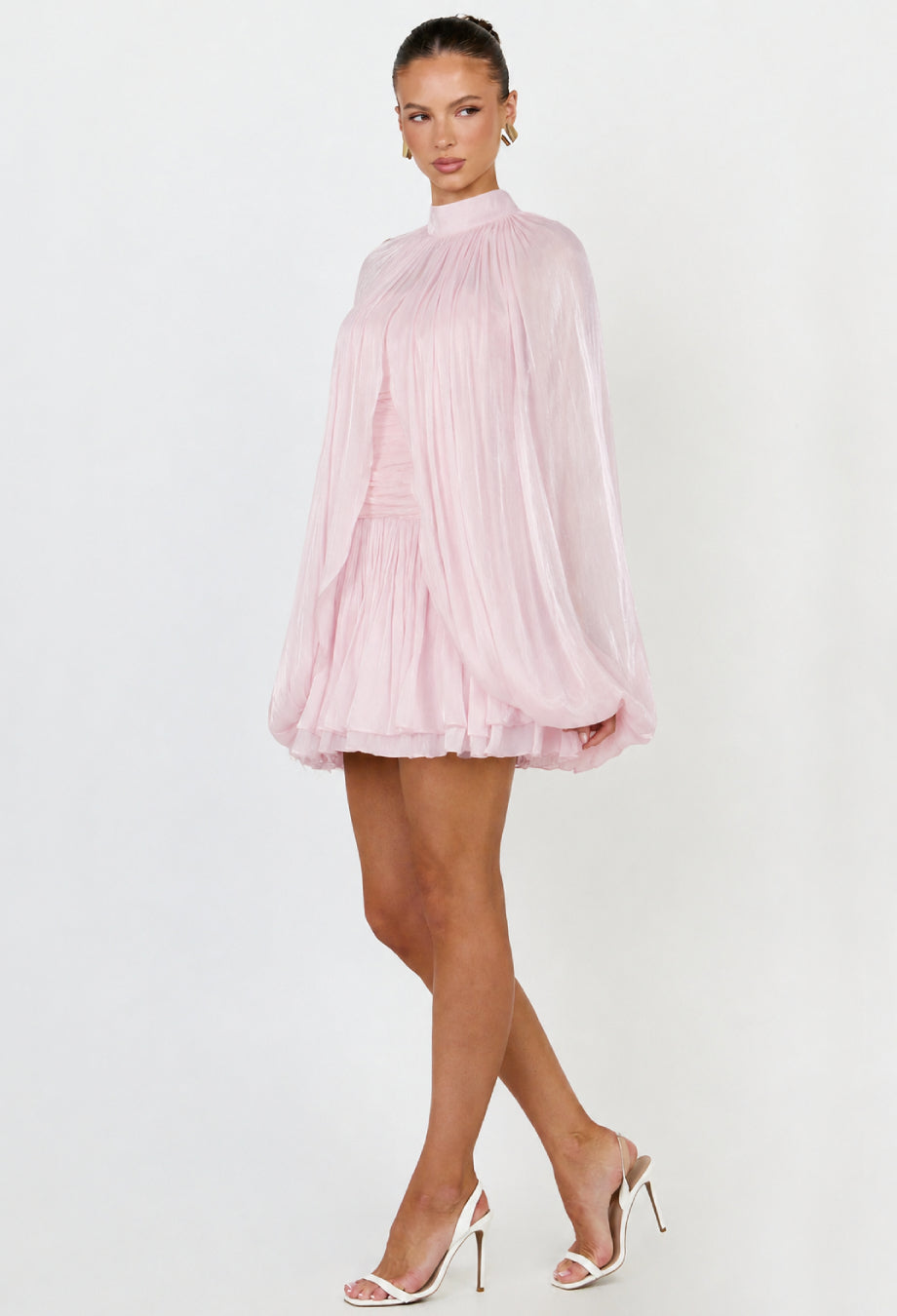Camilla Pink Shimmer Ruffle Long Sleeve Chiffon Mini Dress, pink ruffle mini dress​, long sleeve pink mini dress​