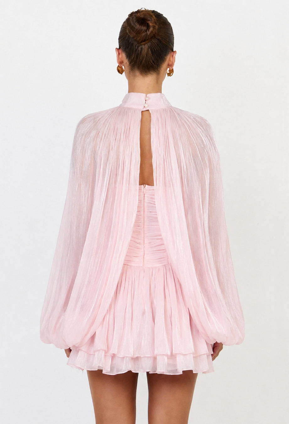 Camilla Pink Shimmer Ruffle Long Sleeve Chiffon Mini Dress, pink ruffle mini dress​, long sleeve pink mini dress​