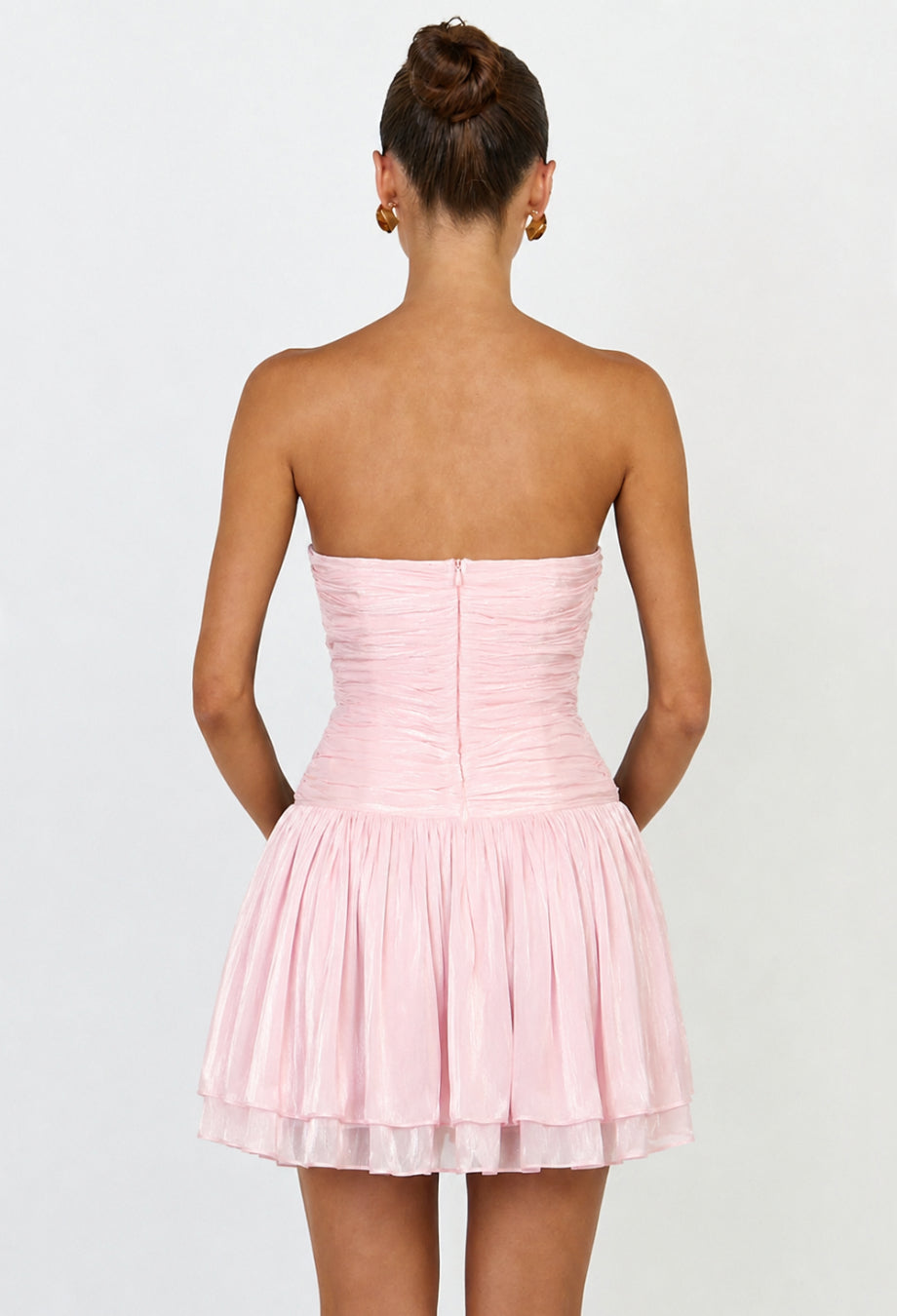 Camilla Pink Shimmer Ruffle Long Sleeve Chiffon Mini Dress, strapless pink mini dress​, light pink mini dress