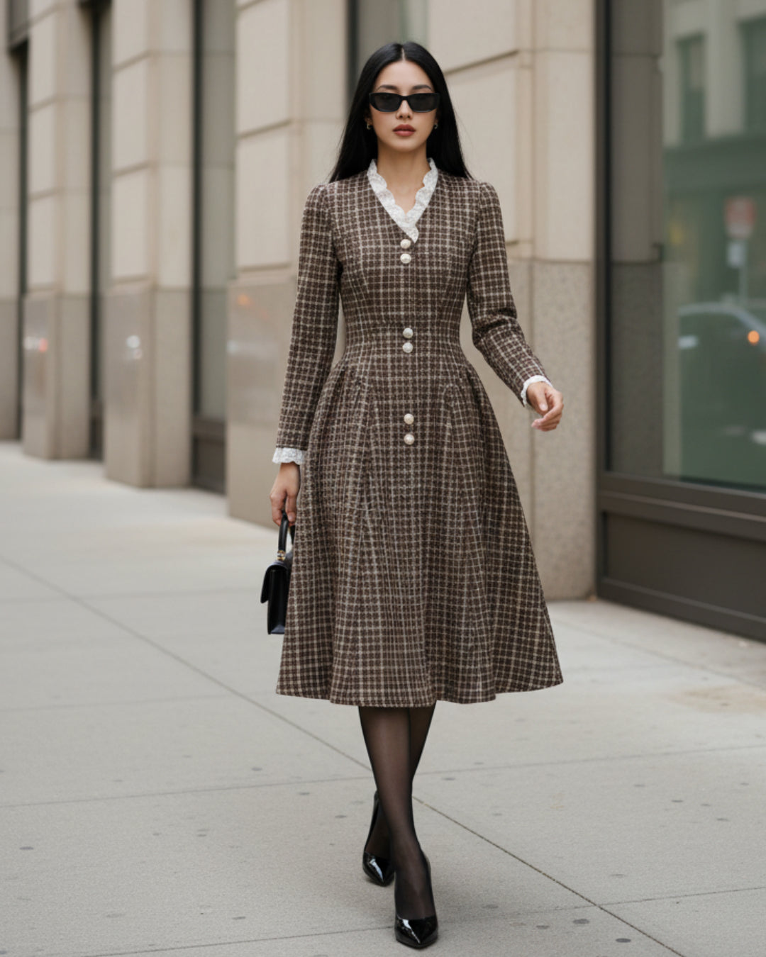 Cara Gingham Long Sleeve Midi Dress – Brown