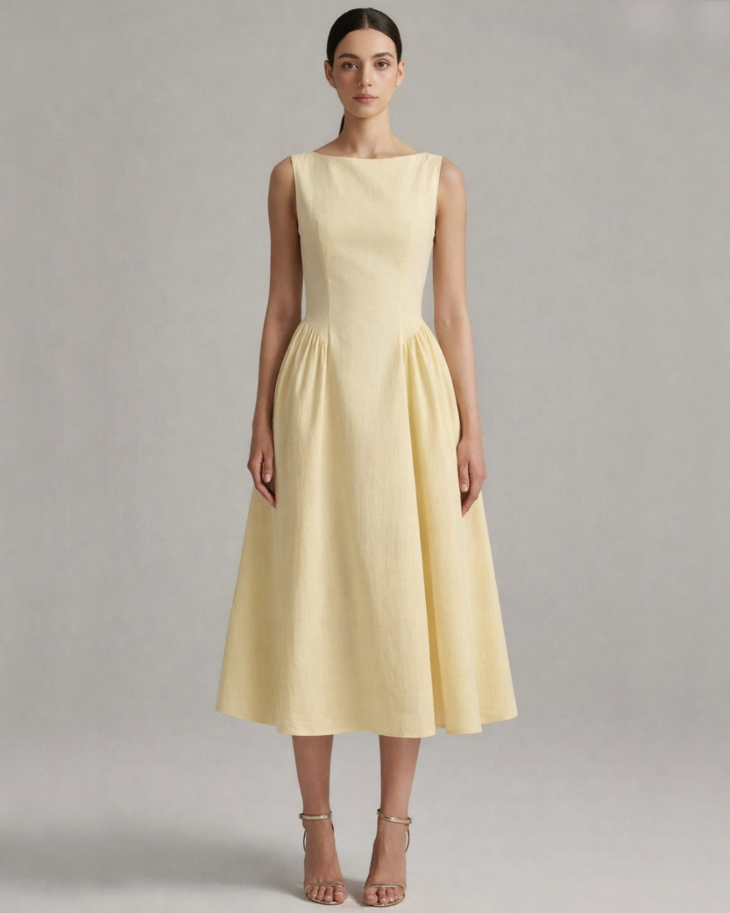 Carmen Lemon Cotton Midi Sundress With Pockets, cotton house dress with pockets​, long dress with pockets​, sundress for women