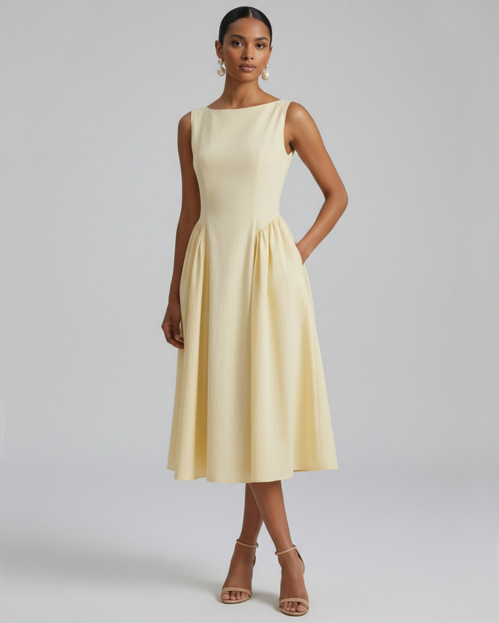 Carmen Lemon Cotton Midi Sundress With Pockets, cotton house dress with pockets​, long dress with pockets​, sundress for women