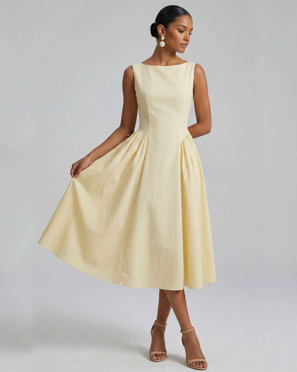 Carmen Lemon Cotton Midi Sundress With Pockets, cotton house dress with pockets​, long dress with pockets​, sundress for women