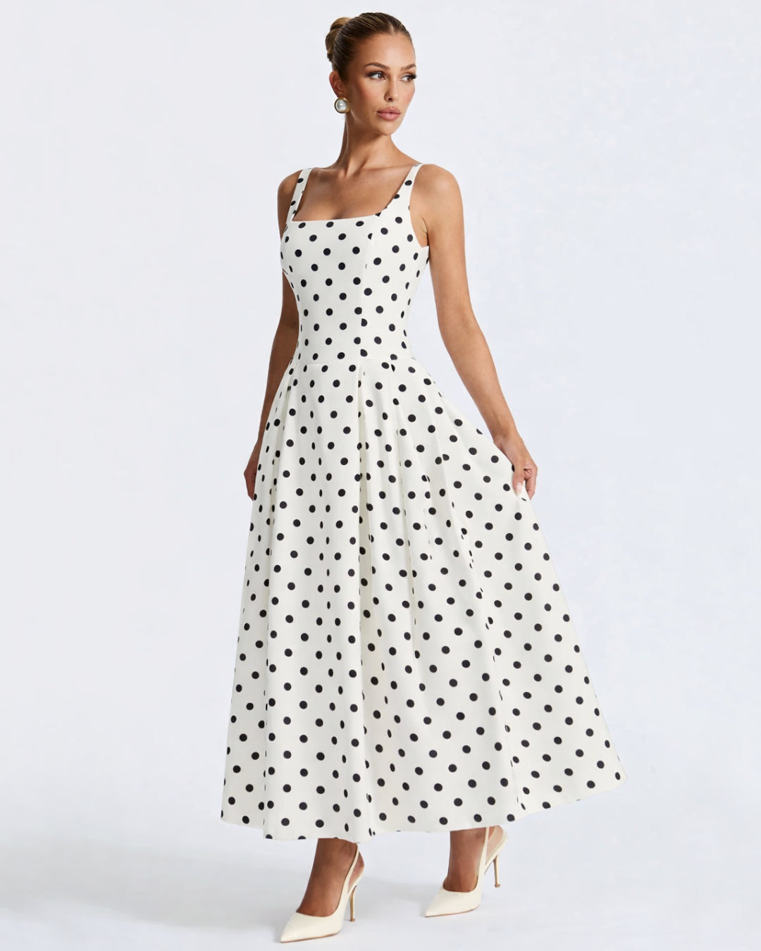 Caroline Polka Dot Midi Dress, polka dot dress​, black polka dot dress​