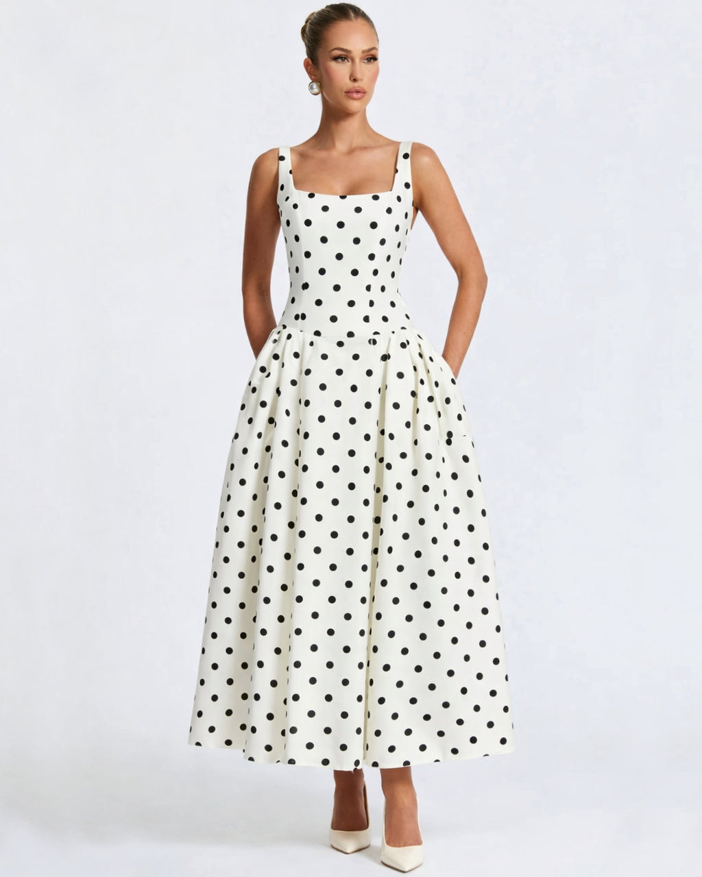 Caroline Polka Dot Midi Dress, polka dot dress​, black polka dot dress​