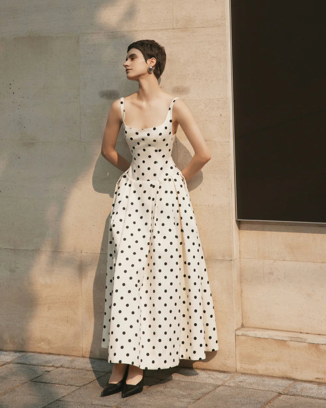 Caroline Midi Dress - Black Polka Dot Print