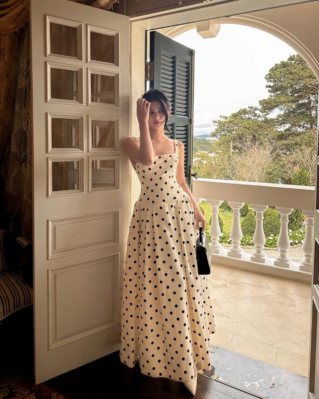 Caroline Polka Dot Midi Dress, polka dot dress​, black polka dot dress​