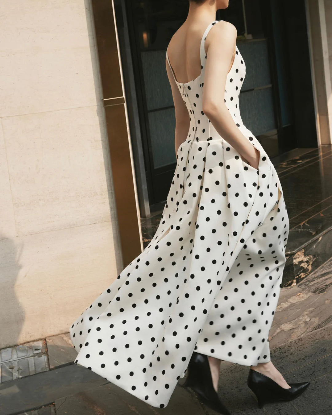 Caroline Midi Dress - Black Polka Dot Print