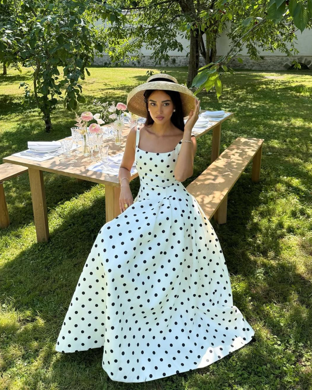 Caroline Polka Dot Midi Dress, polka dot dress​, white and black polka dot dress