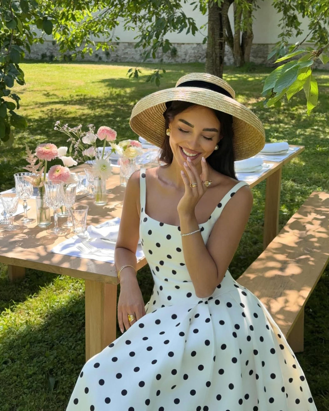 Caroline Polka Dot Midi Dress, polka dot dress​, white and black polka dot dress