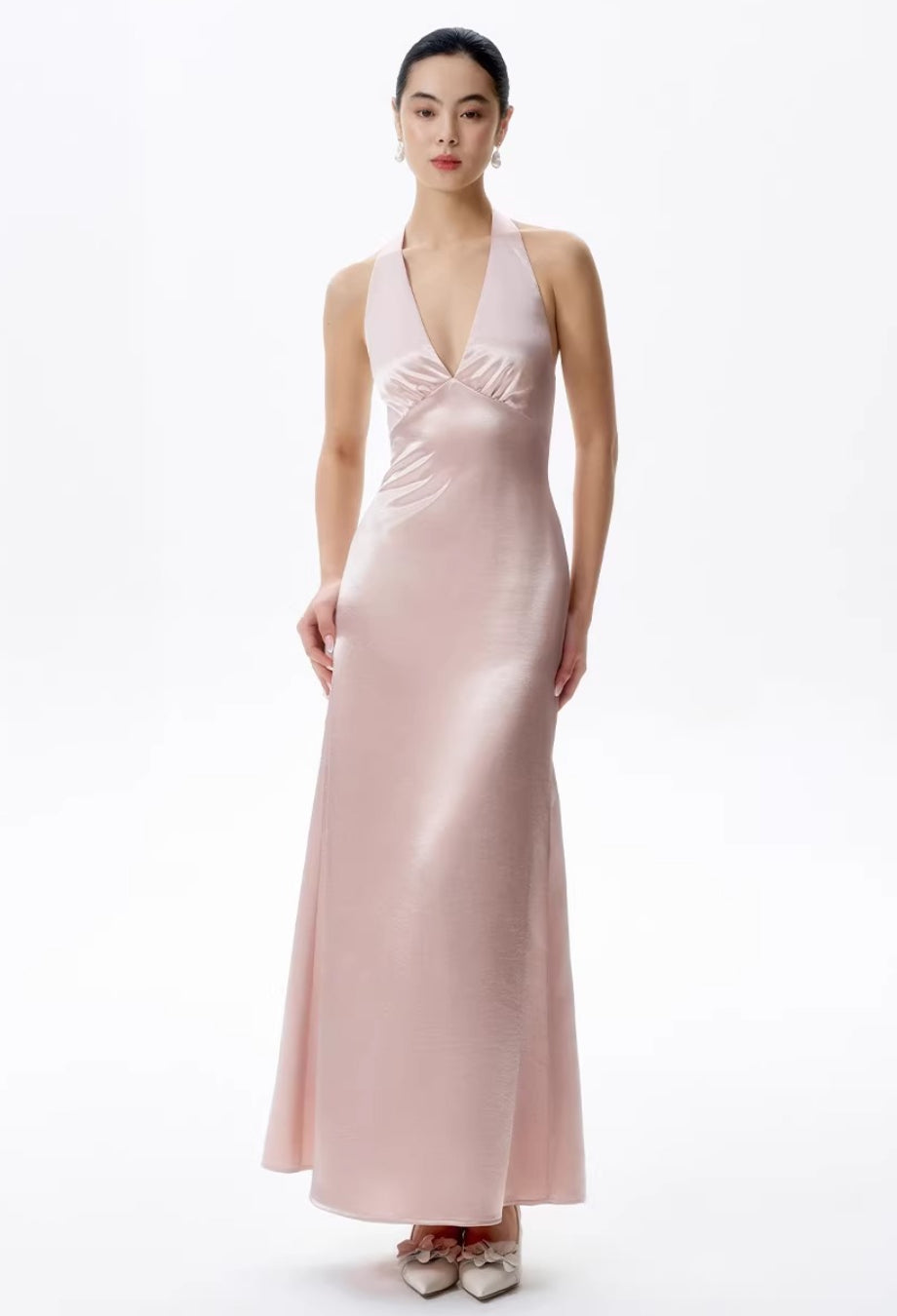 Pink Halter Neck Dress - Celestina Satin A-line Maxi Dress L Pink Halter Neck Dress - Celestina Satin A-line Maxi Dress L