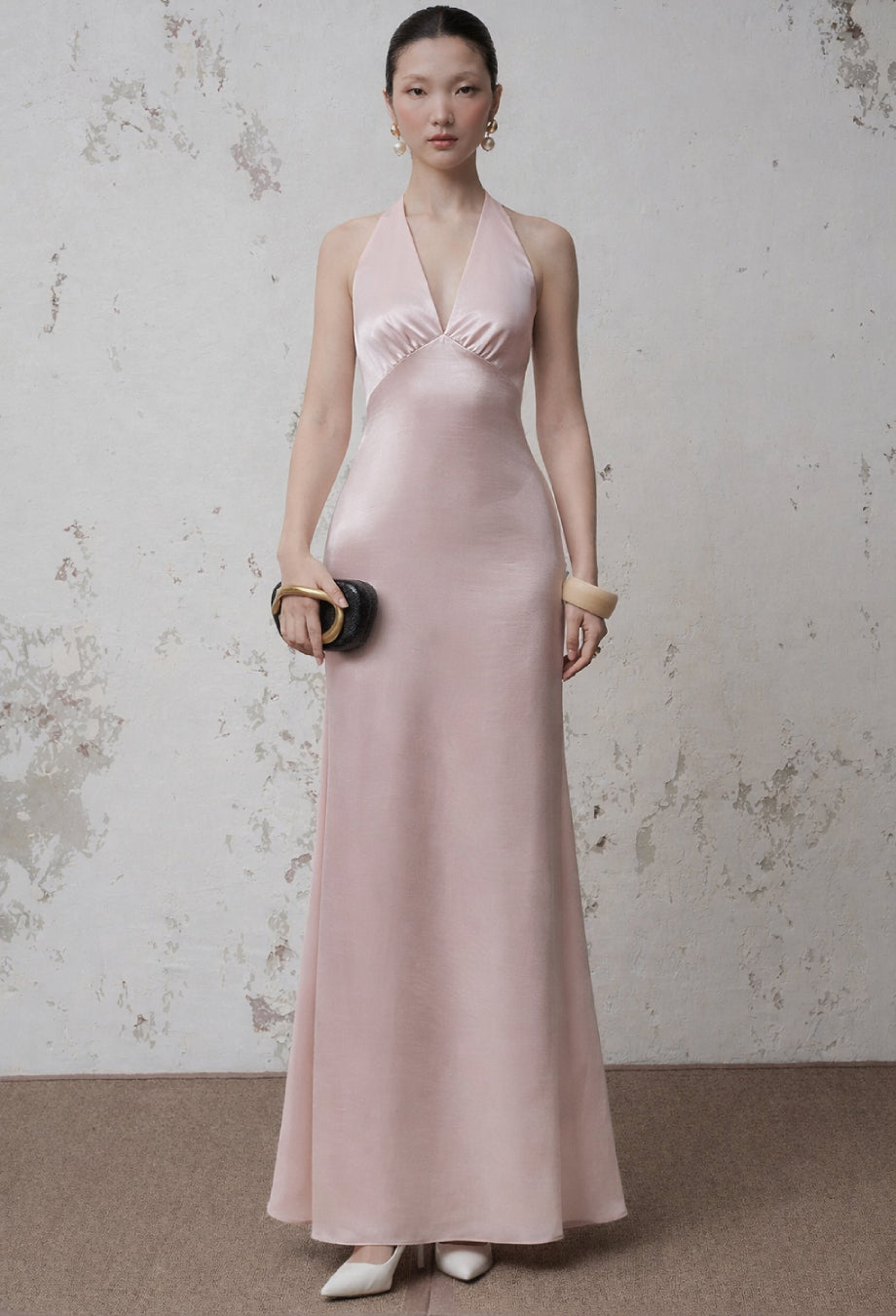 Pink Halter Neck Dress, Celestina Satin A-line Maxi Dress, halter neck dress pink, pink halter neck maxi dress​