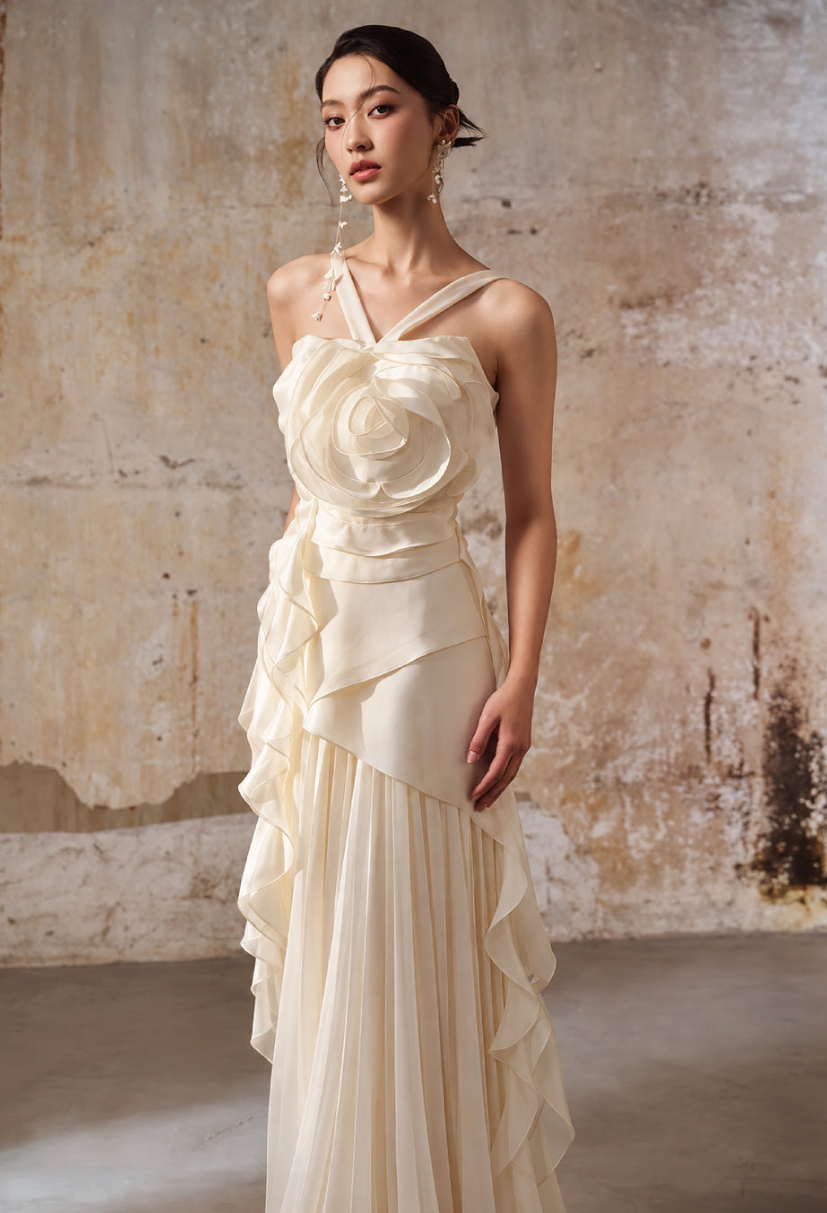 Cesca Cream 3D Floral Ruffle Maxi Dress, Simple Wedding Dress, elegant wedding dress simple​