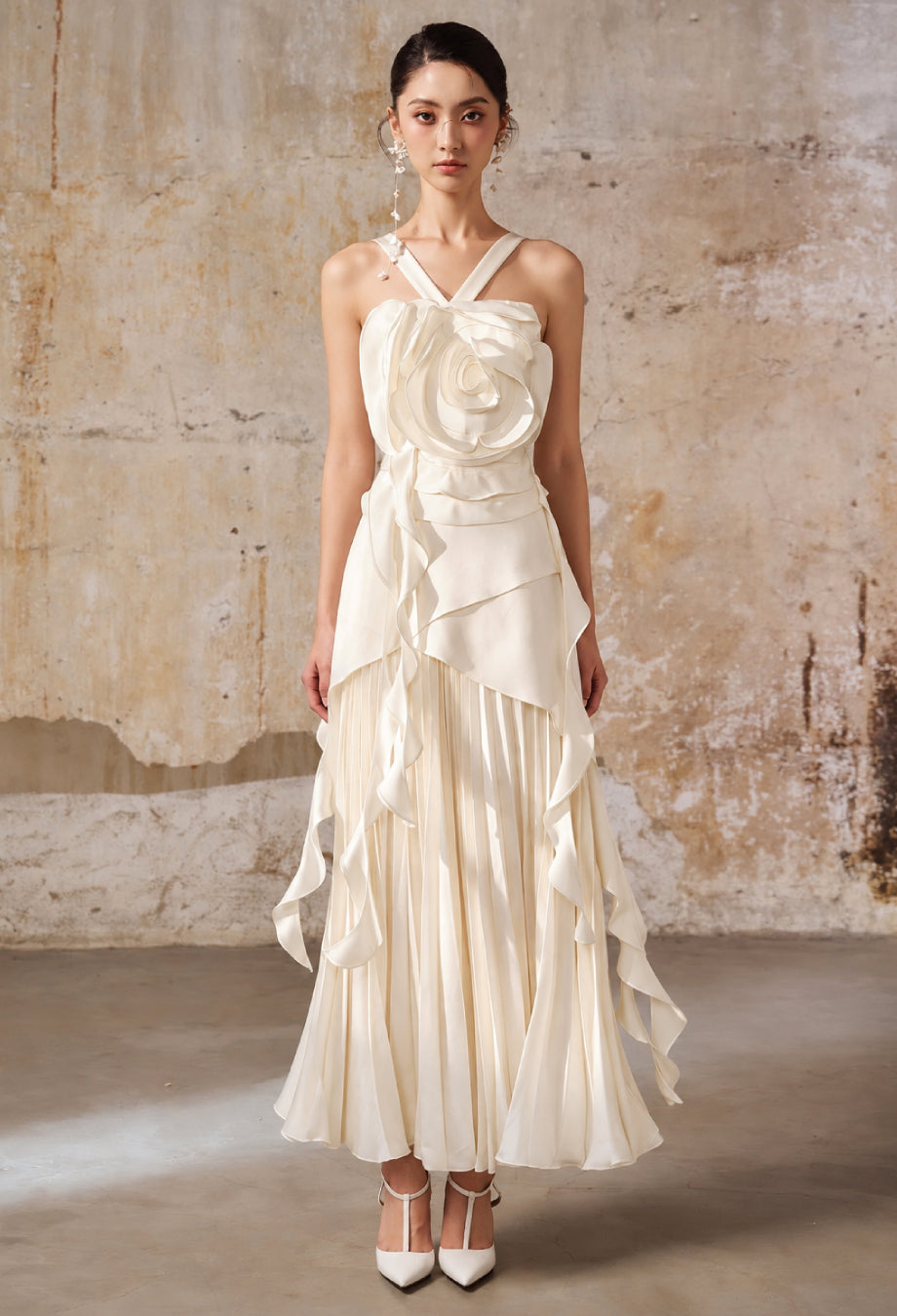 Cesca Cream 3D Floral Ruffle Maxi Dress, Simple Wedding Dress, elegant wedding dress simple​