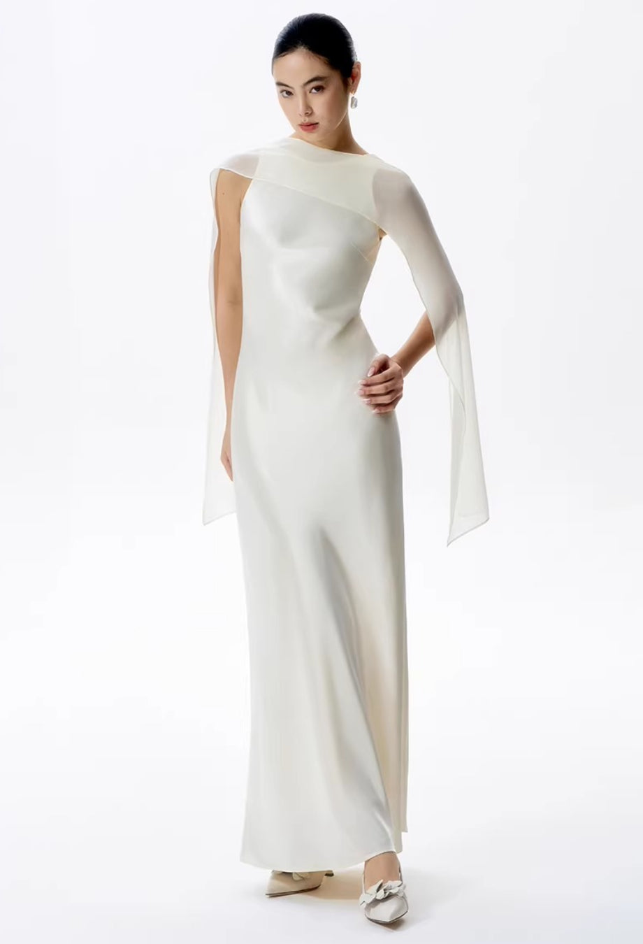 Charlotte Ivory Maxi Dress with Scarf, white dress with scarf​, white dress with neck scarf​, dress with scarf around neck​