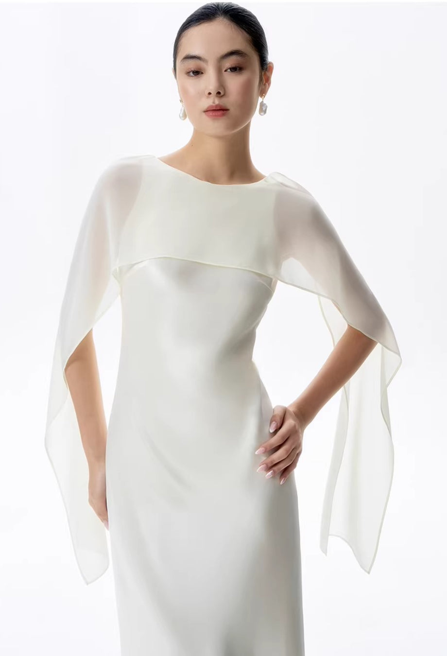 Charlotte Ivory Maxi Dress with Scarf, formal dress with scarf, maxi dress with neck scarf​, scarf with dress​