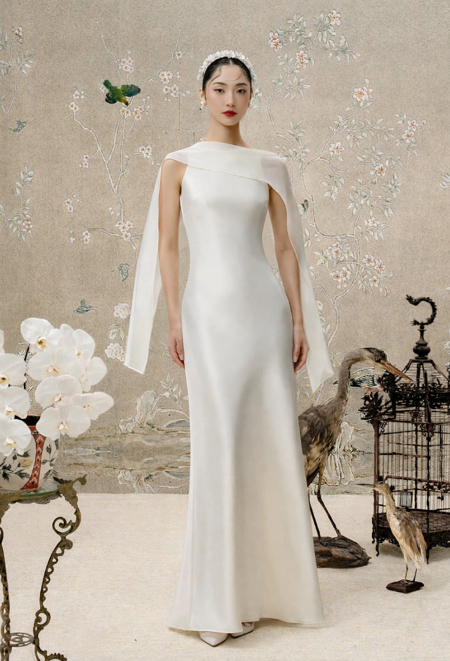 Charlotte Ivory Maxi Dress with Scarf, bride pre wedding dress, dress with neck scarf​, dress with scarf​