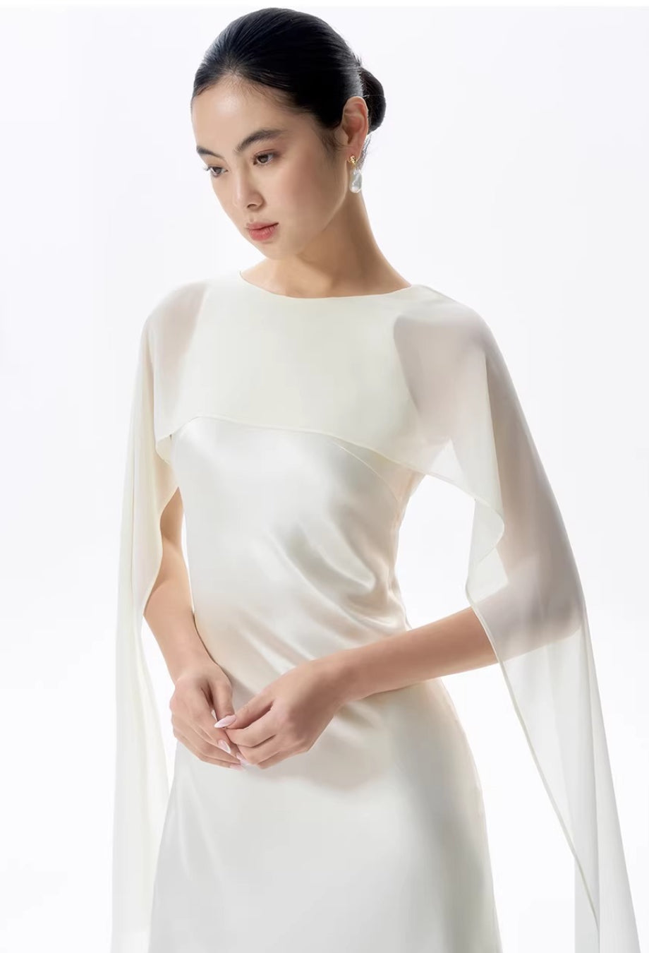 Charlotte Ivory Maxi Dress with Scarf, long dress with scarf​, silk scarf with dress​