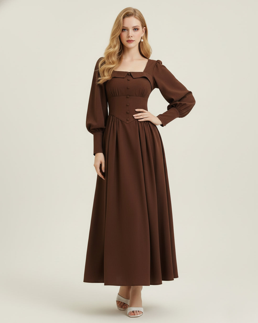 Charmaine Long Sleeve Coffee Brown Vintage Corset Dress, vintage corset dress