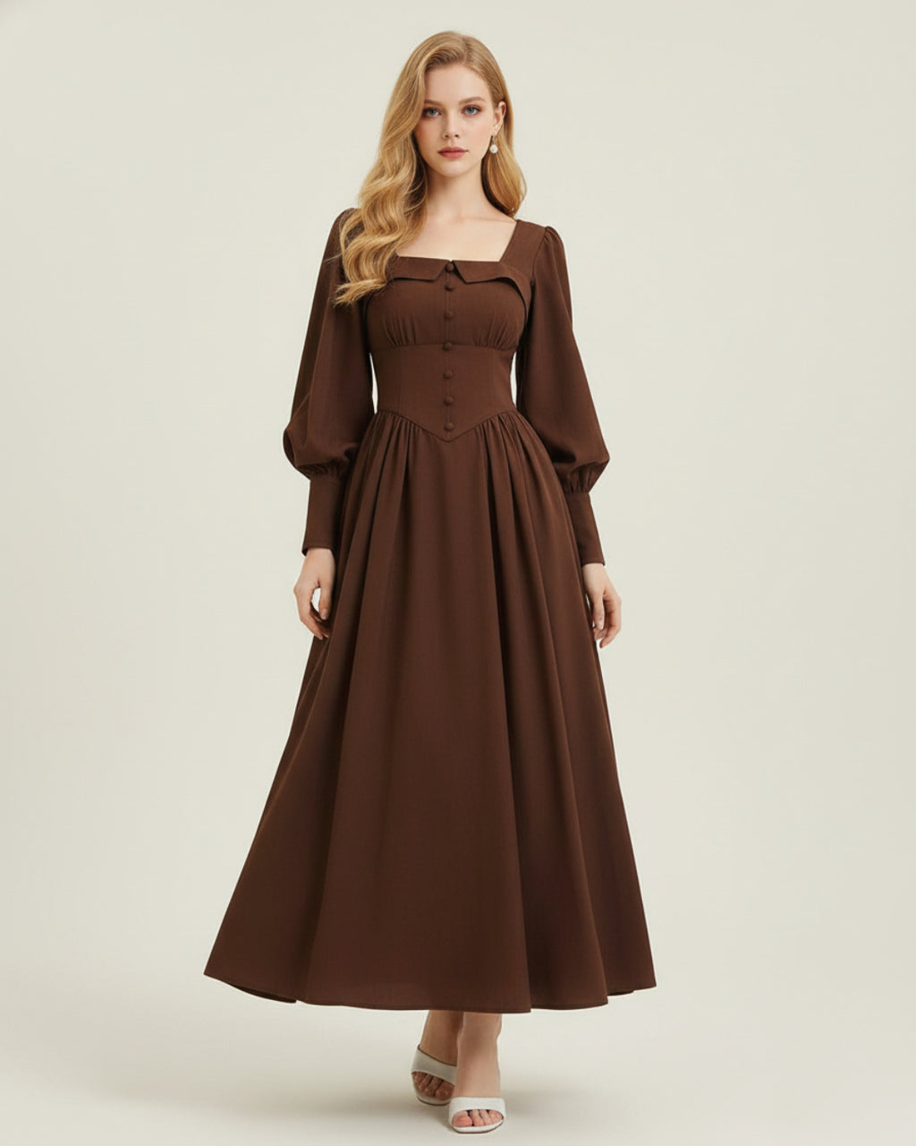 Charmaine Long Sleeve Coffee Brown Vintage Corset Dress, vintage corset dress