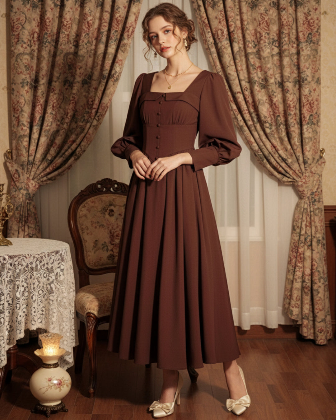 Charmaine Long Sleeve Coffee Brown Vintage Corset Dress, vintage corset dress