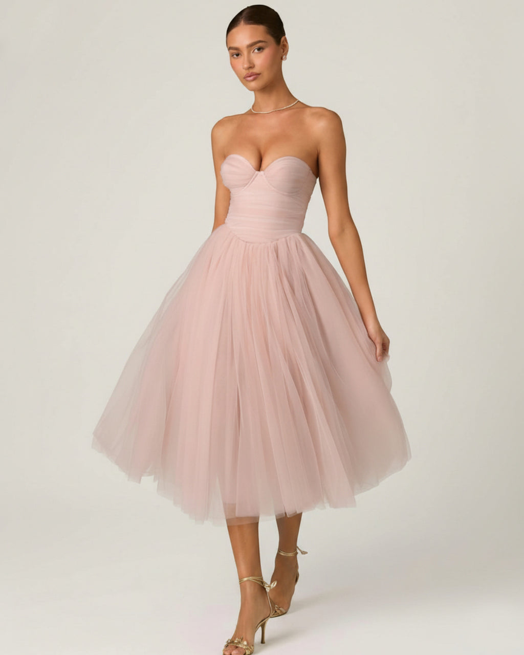 Cindy Tulle Corset Fit & Flare Midi Dress in Blush Pink, corset wedding dress​, formal dresses corset​