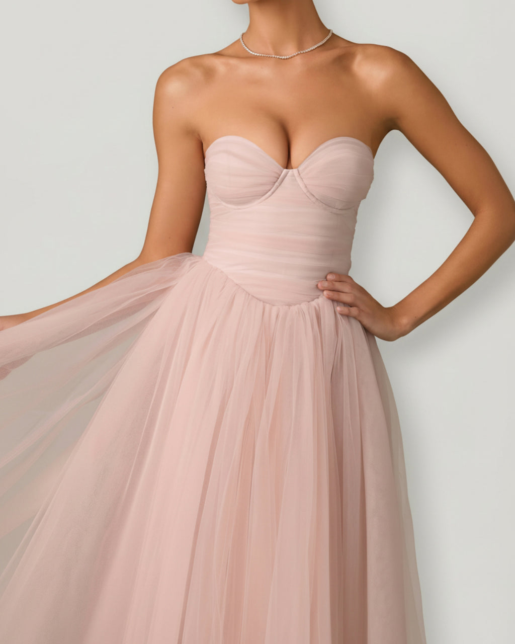 Cindy Tulle Corset Fit & Flare Midi Dress in Blush Pink, pink corset dress, corset top dress​