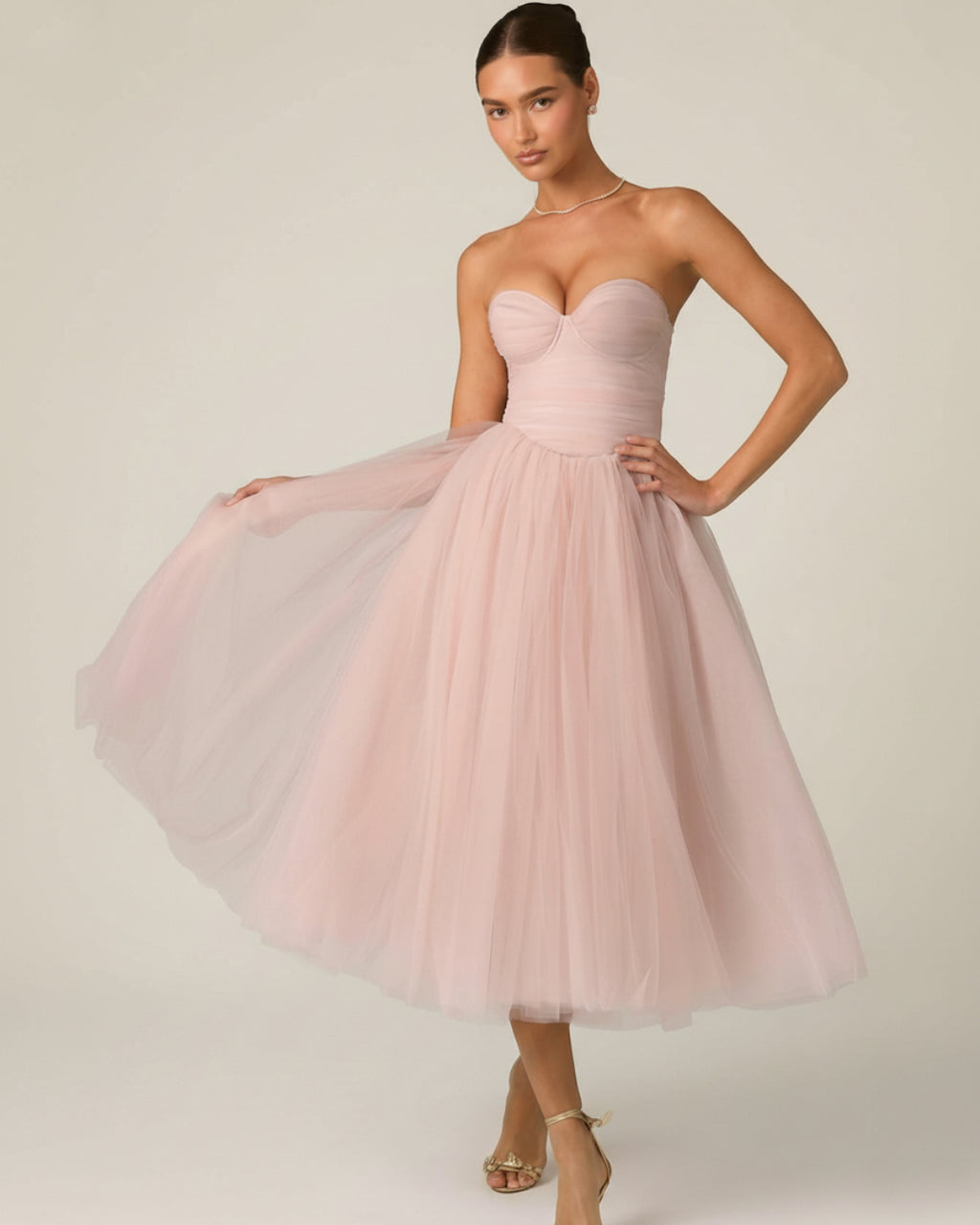 Cindy Tulle Corset Fit & Flare Midi Dress in Blush Pink, corset for prom dress, corset prom dress​