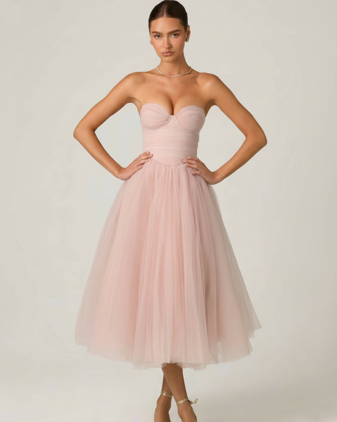 Cindy Tulle Corset Fit & Flare Midi Dress in Blush Pink, pink corset dress, corset top dress​