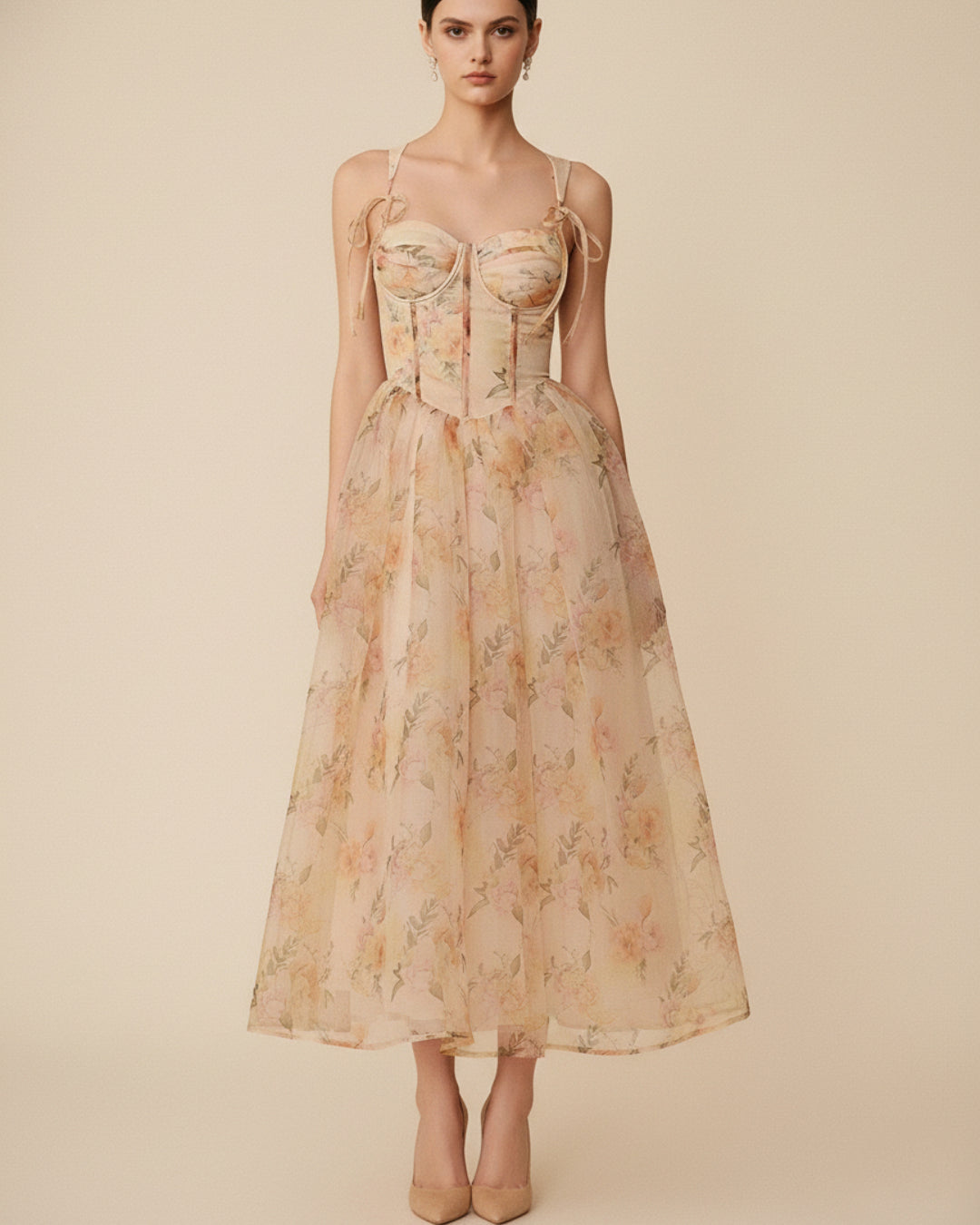 Clarabella Floral Midi Dress, blush pink dress, blush pink color dress, blush dress​