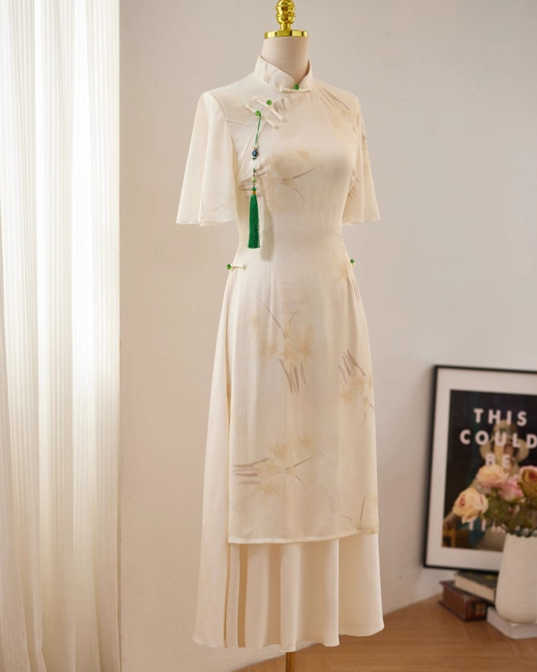 Coco Modernized Beige Floral Áo Dài Dress, ao dai canada