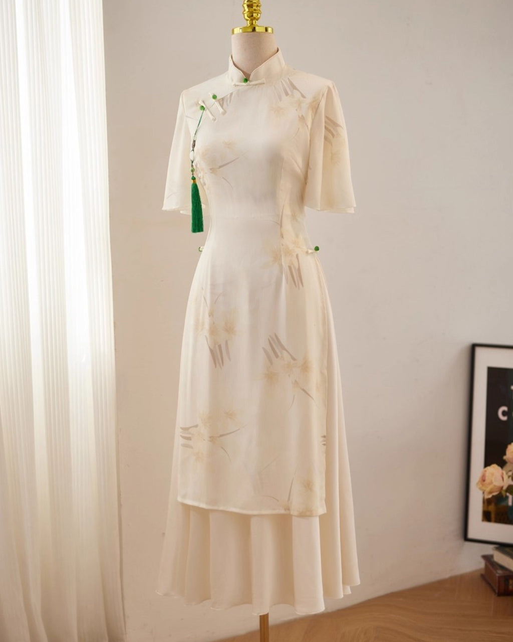 Coco Modernized Beige Floral Áo Dài Dress, ao dai canada