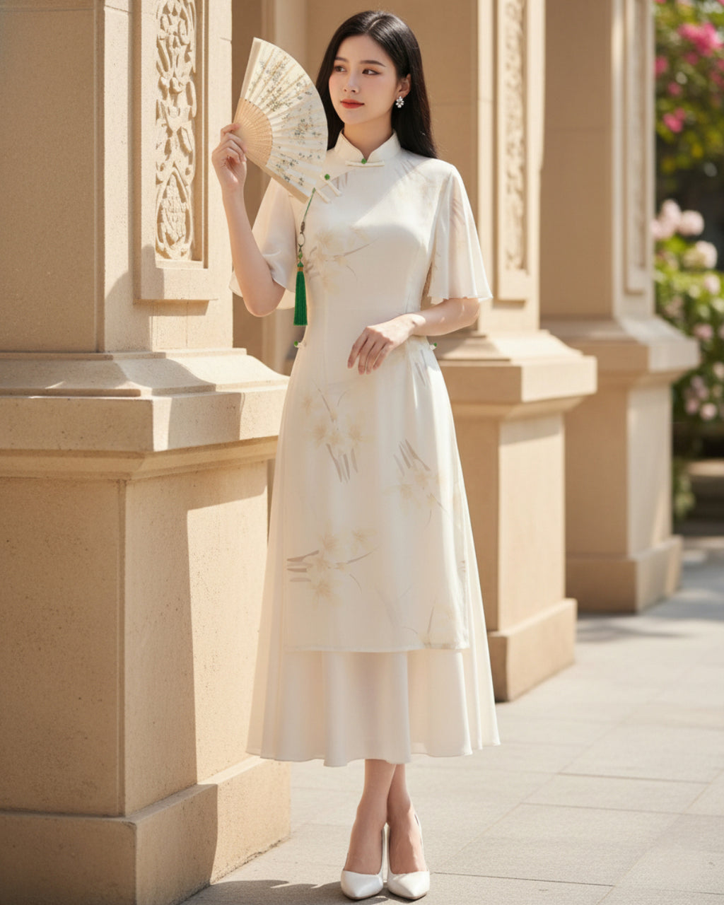 Coco Modernized Beige Floral Áo Dài Dress, ao dai canada